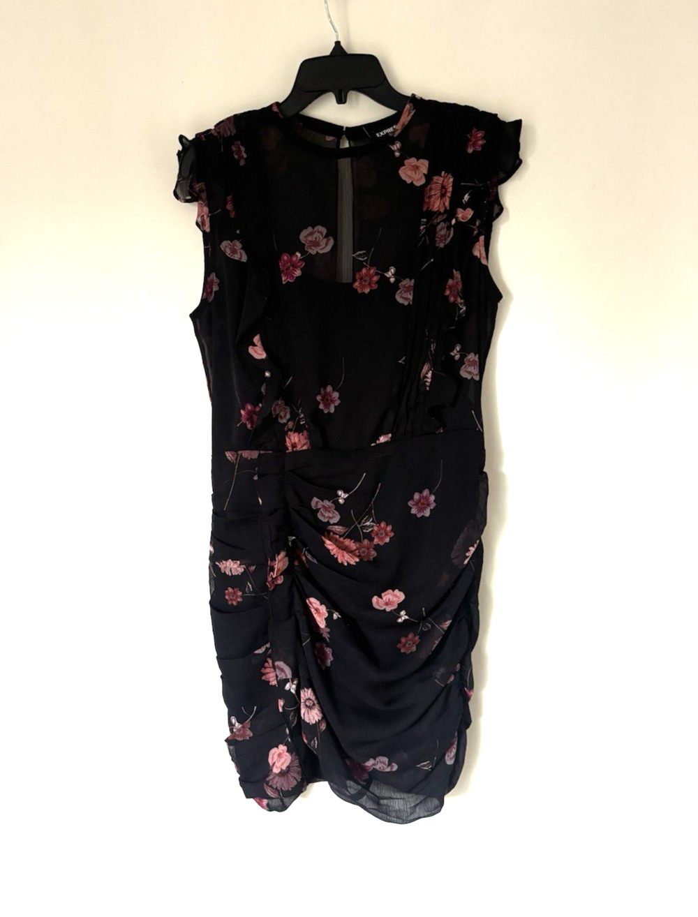 Express Mini Dress Large Black Floral Print Bodycon Sleeveless Cocktail Short